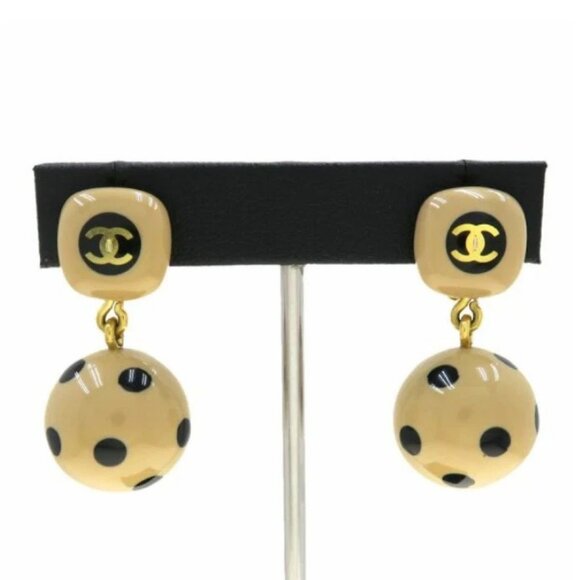 CHANEL CC Logos Black Dots Ball Cube Clip-On Earrings Gold Tone - Picture 2 of 9